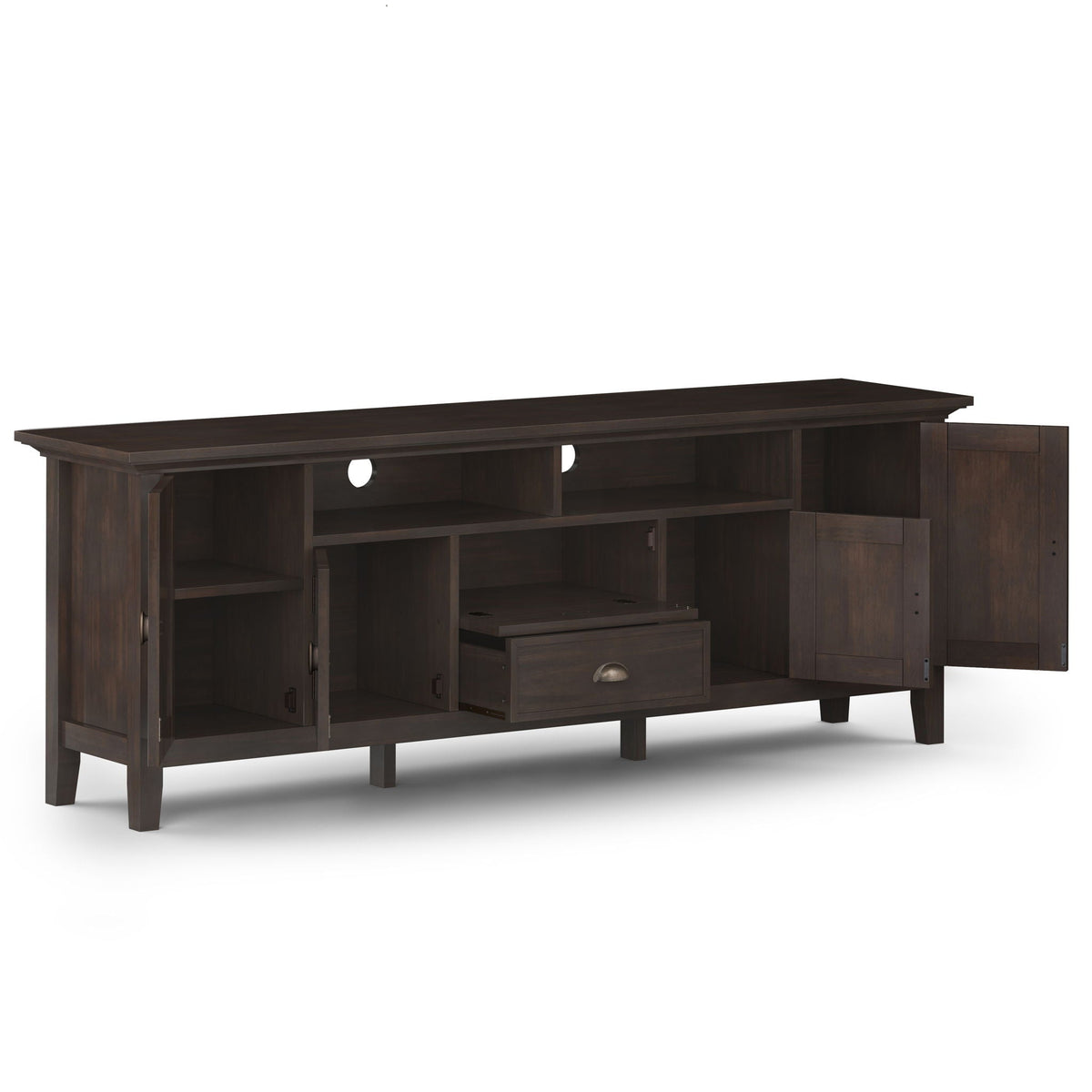 Handcrafted media stand with adjustable shelves in dark espresso wood finish on Tampa Home & Garden Store