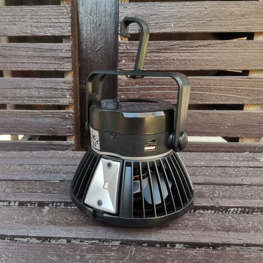 Solar camping light foldable fan with hanging hook black USB, 3-level airflow and LED panel on Tampa Home & Garden Store
