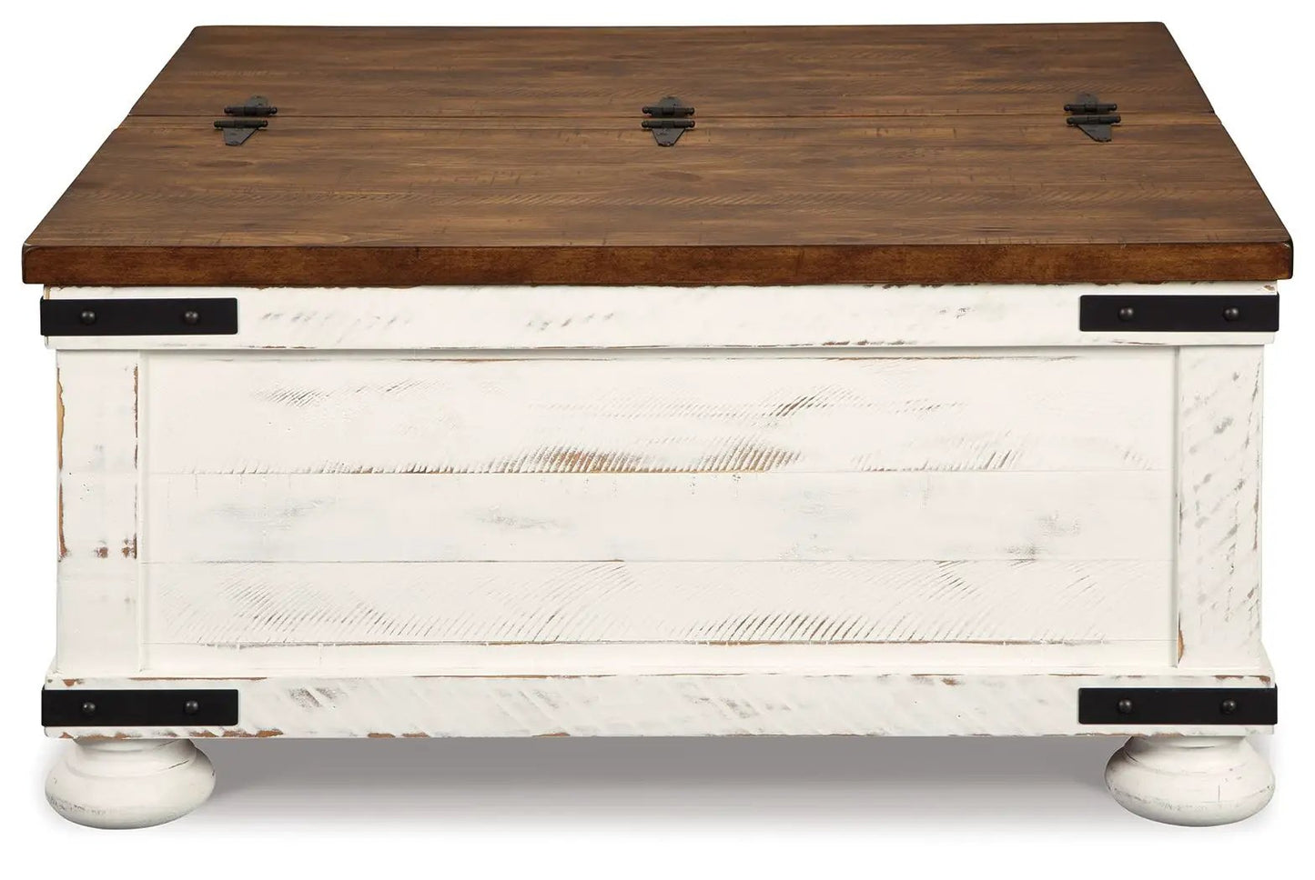 Wystfield cocktail table with storage in white distressed base and brown wood top on Tampa Home & Garden Store