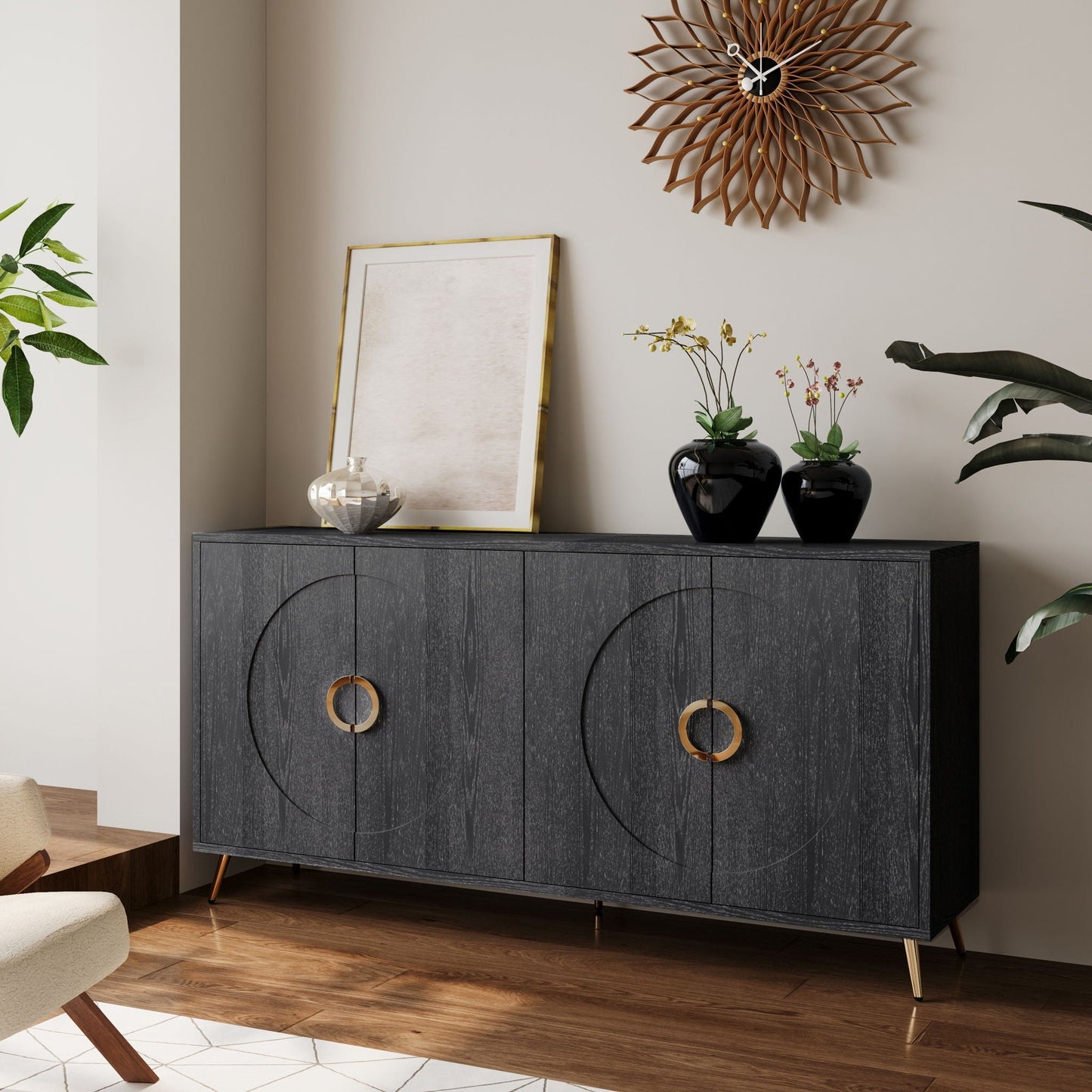 Modern lacquered 4-door wooden sideboard with circular gold ring handles in dark finish on Tampa Home & Garden Store