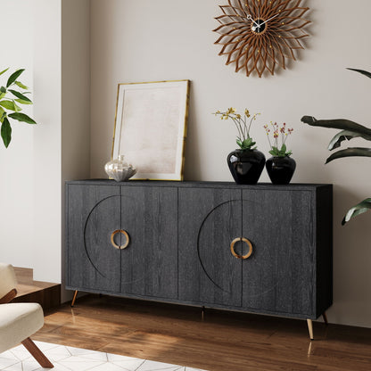 Modern lacquered 4-door wooden sideboard with circular gold ring handles in dark finish on Tampa Home & Garden Store
