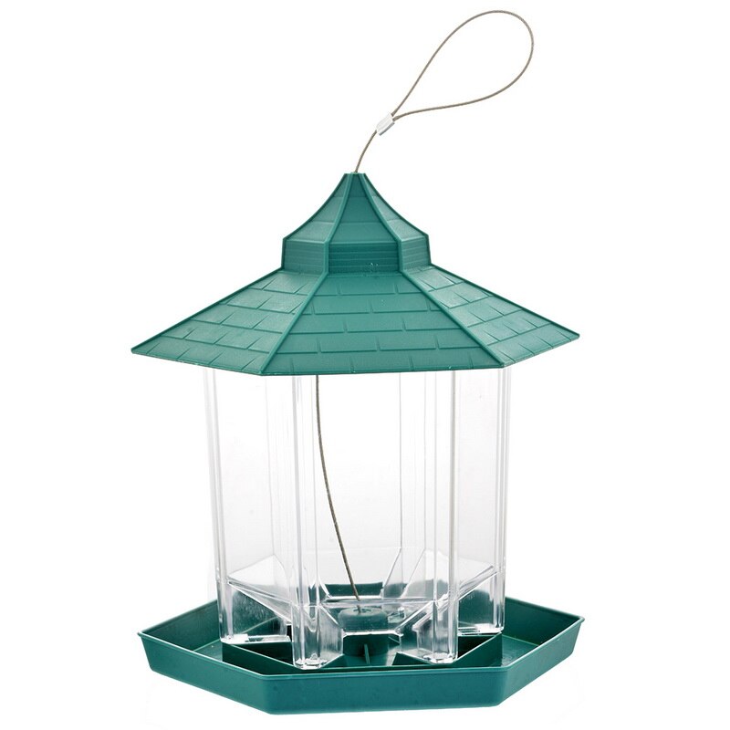 Outdoor Balcony Waterproof Hanging Bird Feeder teal roof clear body with hanging cord on Tampa Home & Garden Store