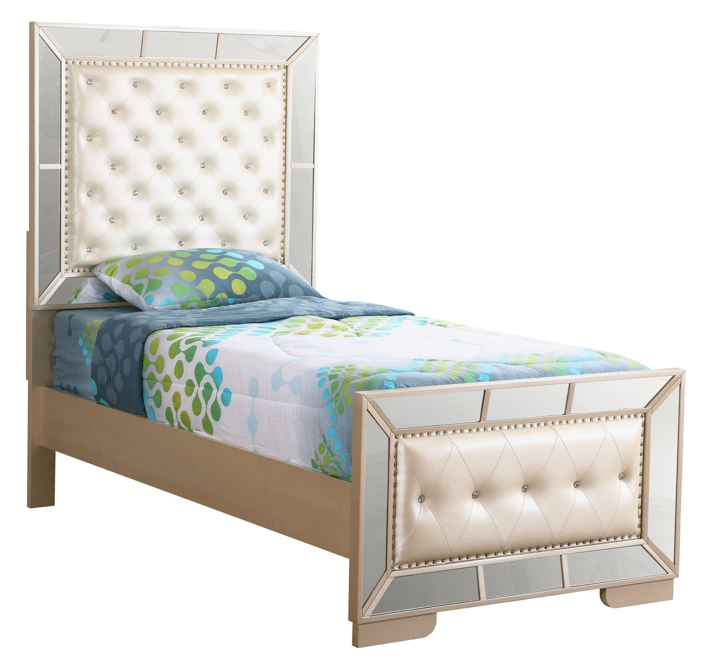 Stylish panel bed by HouseOfZazla with tufted cream headboard, mirrored frame, crystal studs on Tampa Home & Garden Store