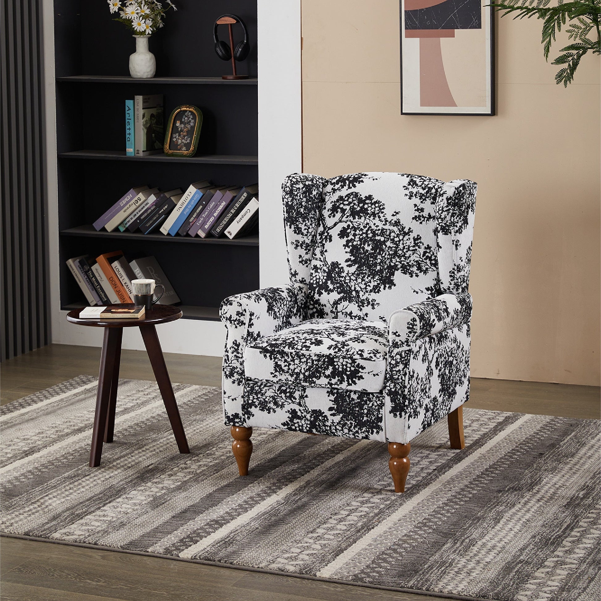 Coffee Table & Armchair Set with black/white damask chair and wood table on Tampa Home & Garden Store