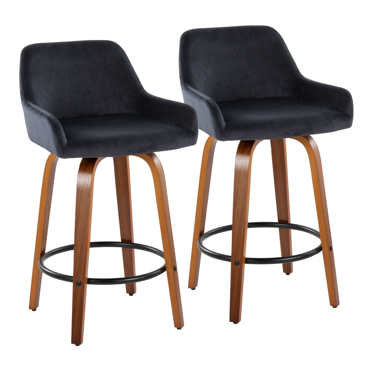 Pair of black velvet swivel counter stools with wood legs and round footrest HouseOfZazla on Tampa Home & Garden Store