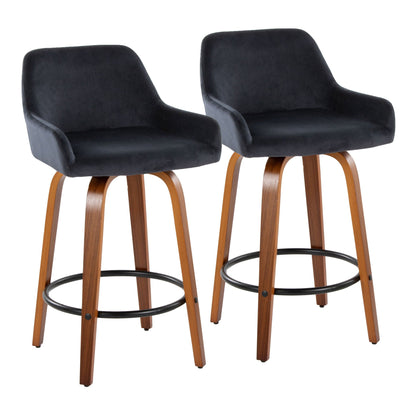 Pair of black velvet swivel counter stools with wood legs and round footrest HouseOfZazla on Tampa Home & Garden Store