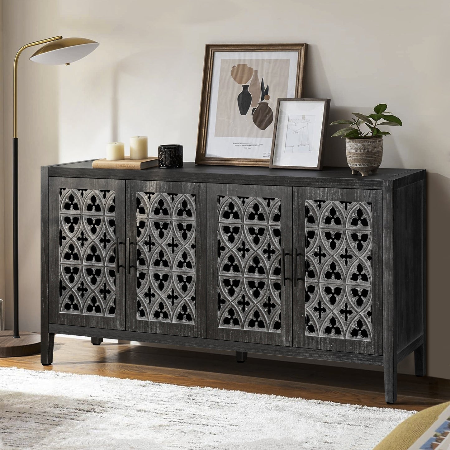 Hollow four-door antique cabinet in dark wood with decorative lattice panels, HouseOfZazla on Tampa Home & Garden Store