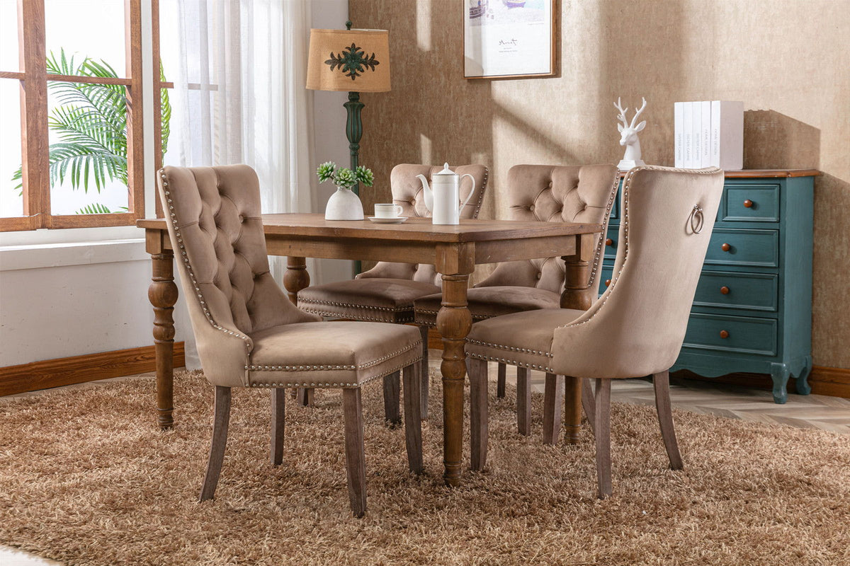 Tufted Velvet Dining Chair Set 6 beige chairs with nailhead trim by HouseOfZazla on Tampa Home & Garden Store