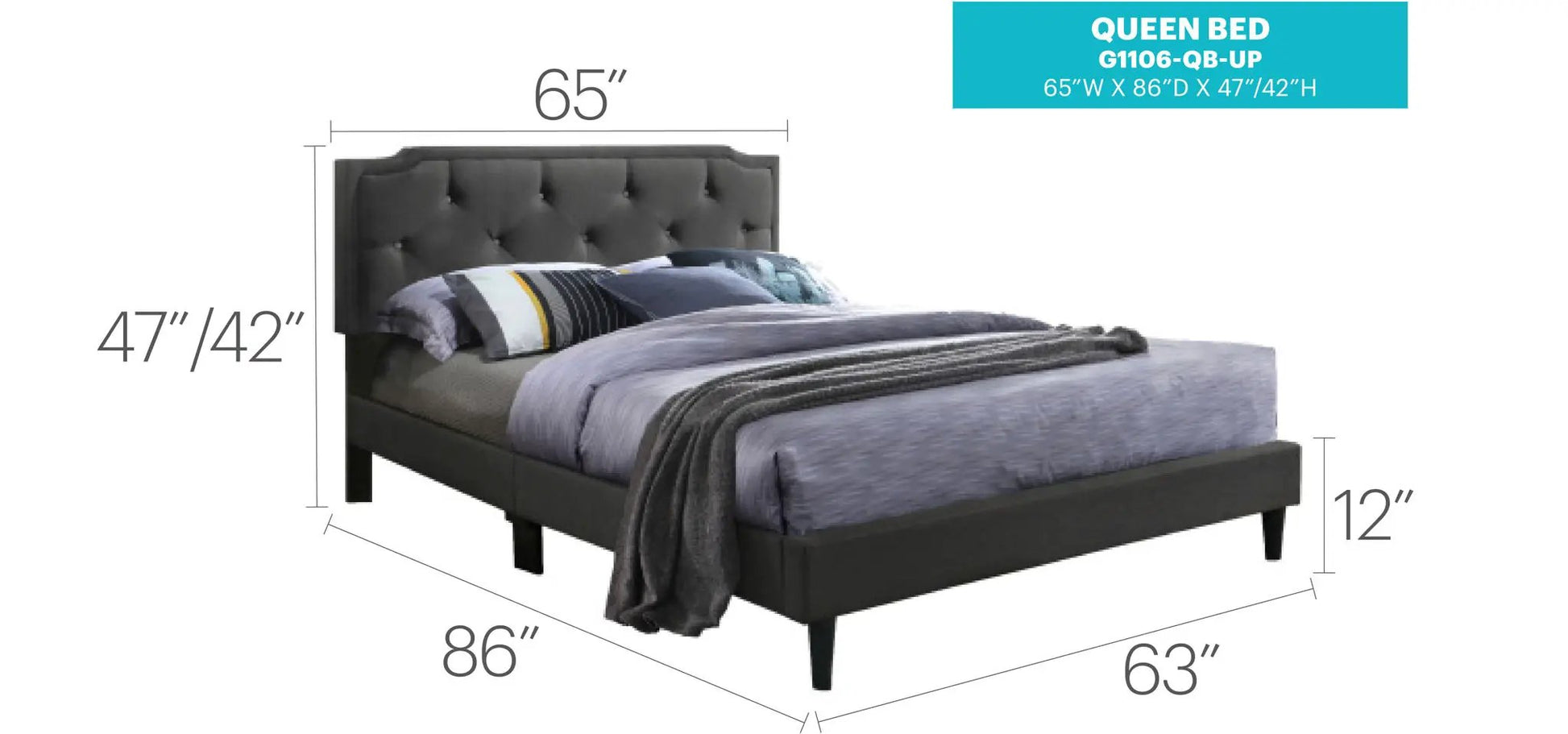 Upholstered queen bed with dark gray button-tufted headboard by Unique Piece Furniture on Tampa Home & Garden Store