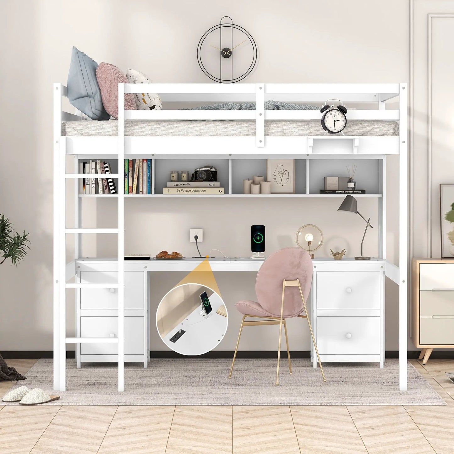 Loft Bed With Desk and Storage Charging Station
