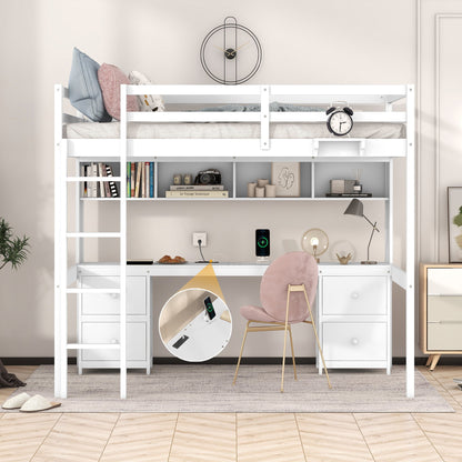Loft bed with desk, cabinets, drawers, charging station and bedside tray in white by HouseOfZazla on Tampa Home & Garden Store