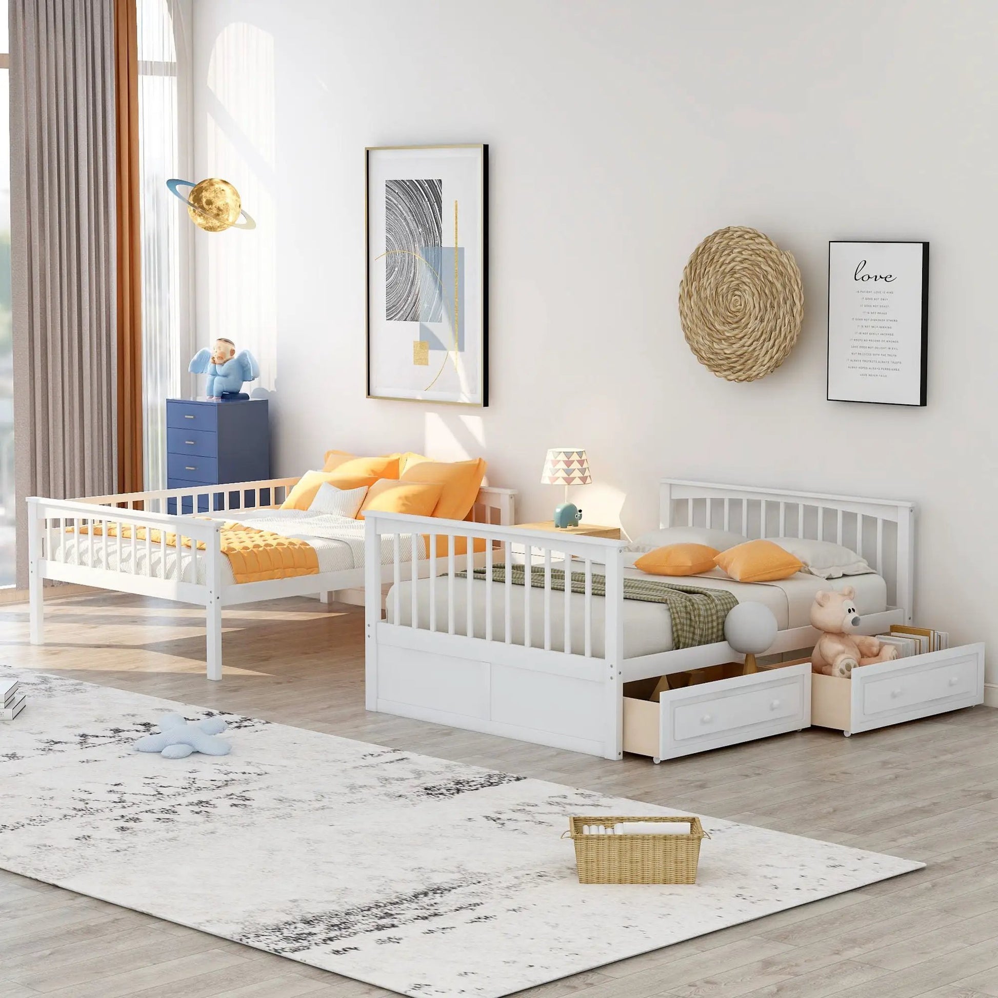 Two white bunk beds with built-in drawers, convertible design for kids room on Tampa Home & Garden Store