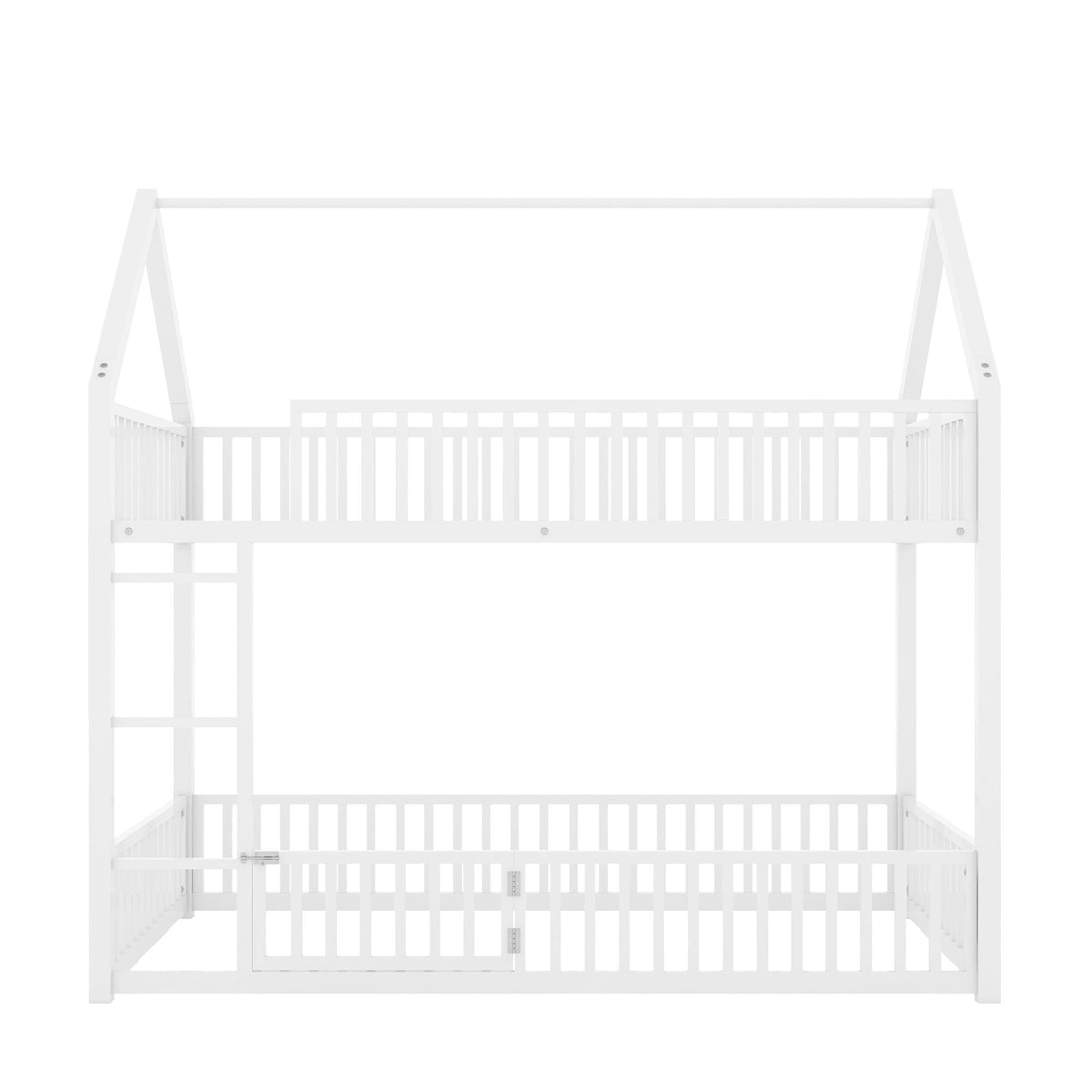 Metal House Bunk Bed With Fence And Door white metal frame with top guard rail and ladder on Tampa Home & Garden Store