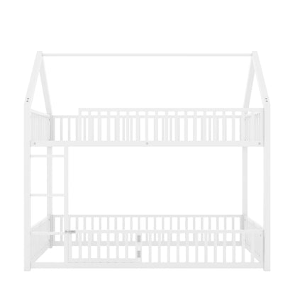 Metal House Bunk Bed With Fence And Door white metal frame with top guard rail and ladder on Tampa Home & Garden Store