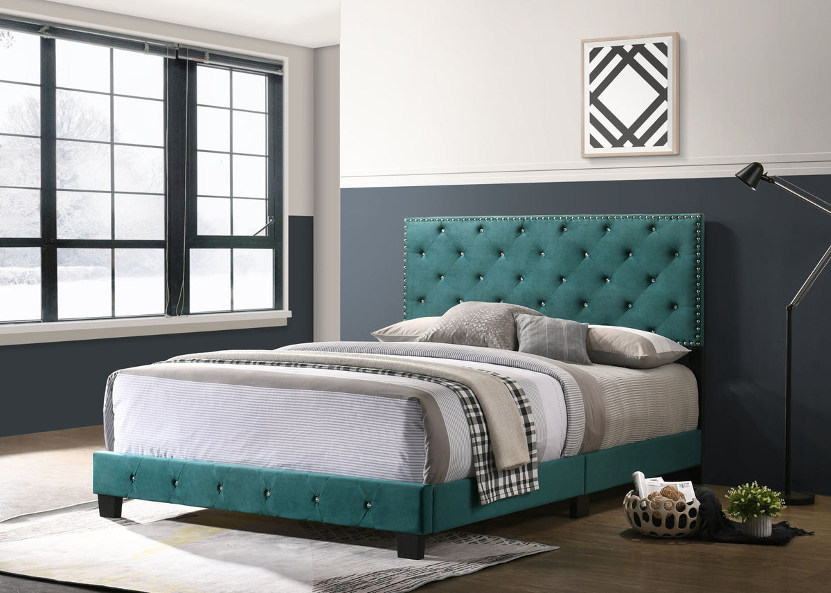 Luxurious Upholstered Bed in teal velvet with tufted headboard and nailhead trim by HouseOfZazla on Tampa Home & Garden Store