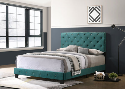 Luxurious Upholstered Bed in teal velvet with tufted headboard and nailhead trim by HouseOfZazla on Tampa Home & Garden Store