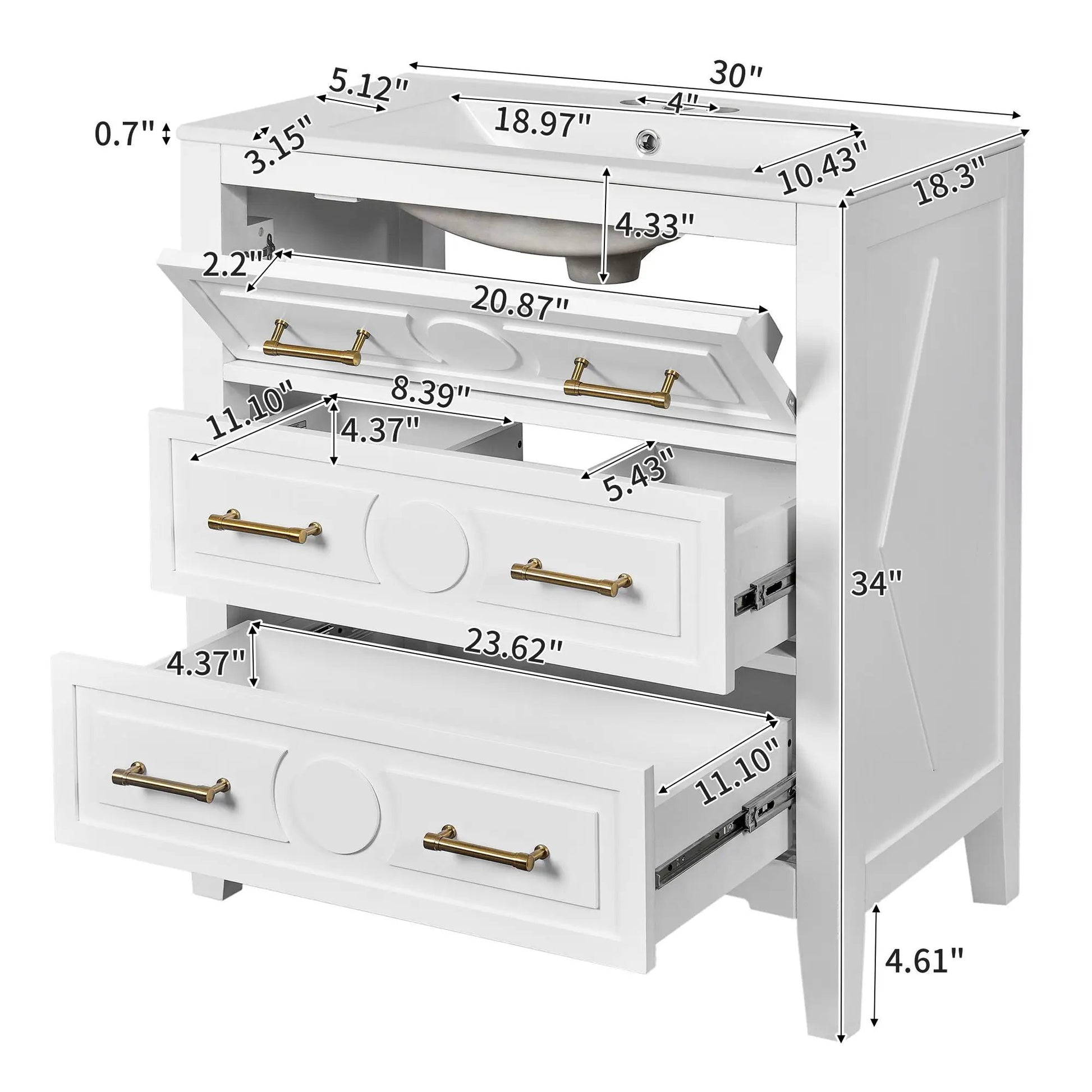 Retro bathroom vanity with sink, white freestanding unit with 3 drawers by Unique Piece Furniture on Tampa Home & Garden Store