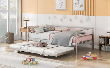 Twin Size Metal Daybed with Adjustable Trundle  Pop Up Trundle  Silver
