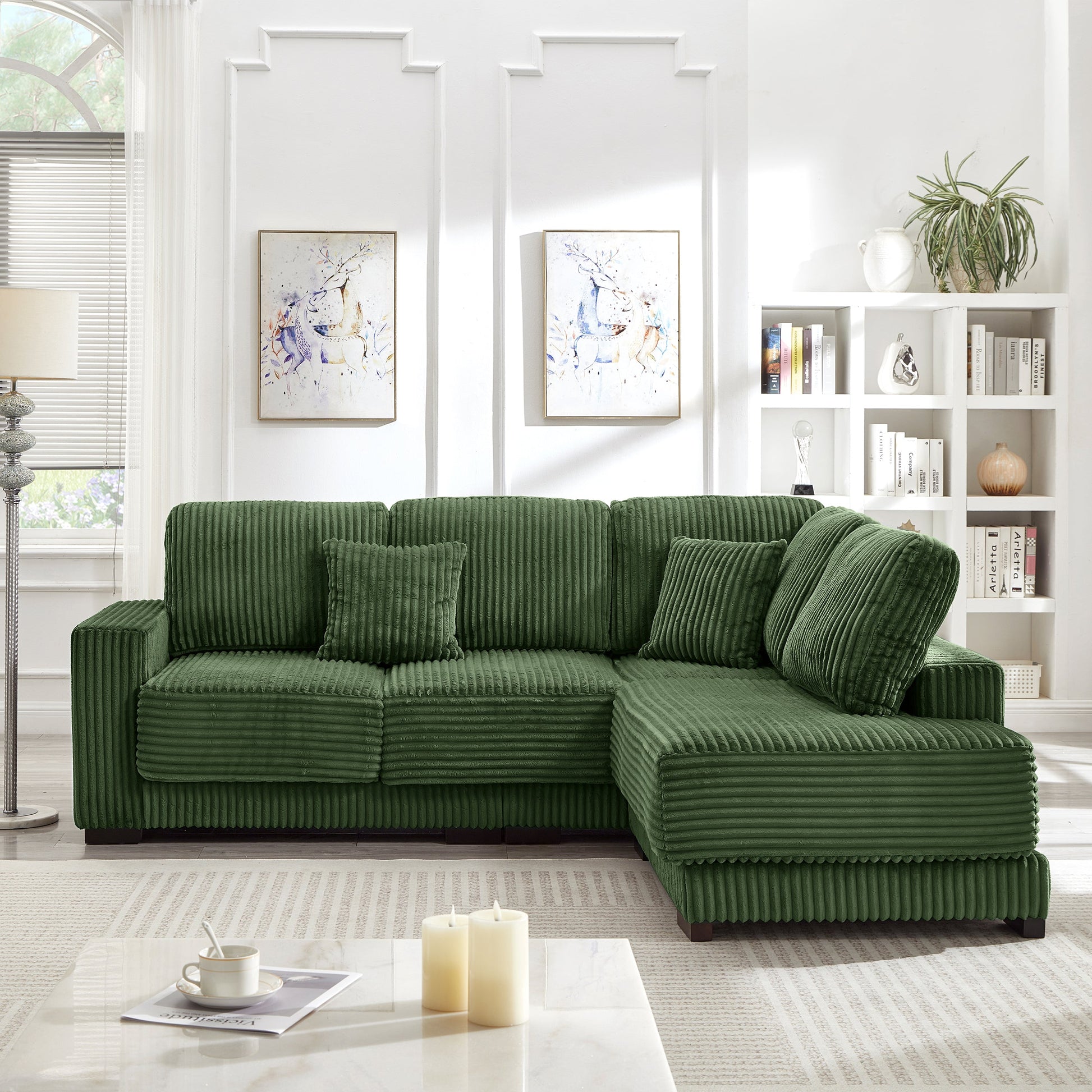 HouseOfZazla 93in L-shaped sectional sofa in emerald green corduroy with plush cushions on Tampa Home & Garden Store