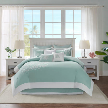 Oversized Cotton Jacquard Comforter Set Aqua Cal King with white coral motif Quilts on Tampa Home & Garden Store