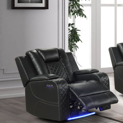 Benz LED power recliner chair with adjustable headrest in black leather blue LED base; pair on Tampa Home & Garden Store