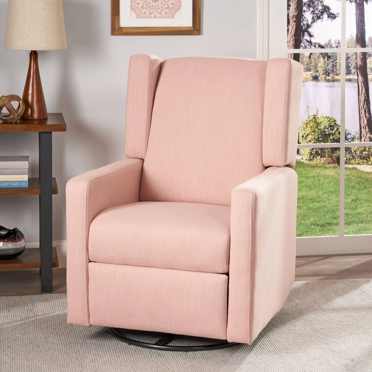 Landau Swivel Recliner in blush pink fabric with round base Unique Piece Furniture on Tampa Home & Garden Store
