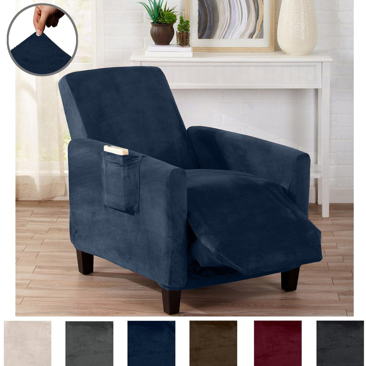 Velvet Stretch Slipcover Gale Collection in navy on a plush armchair by Great Bay Home on Tampa Home & Garden Store