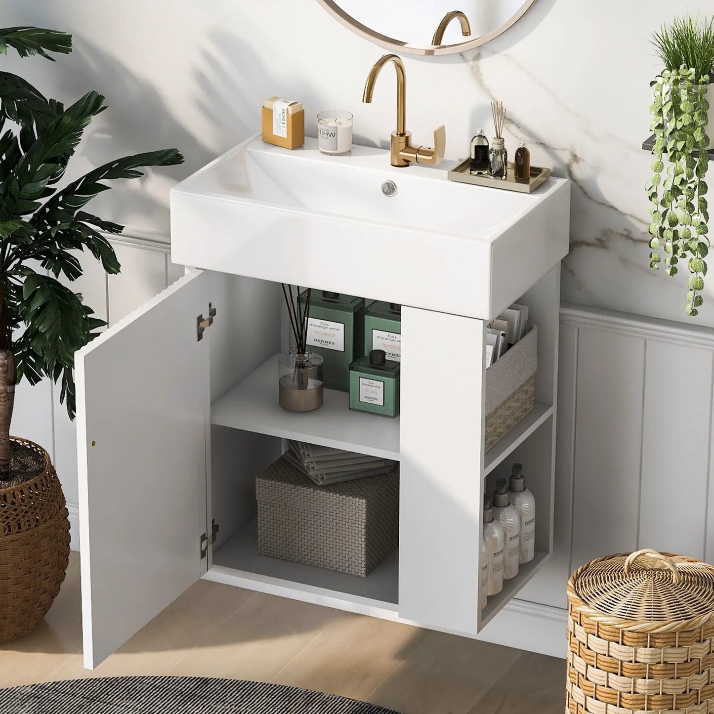 Compact Modern Floating Vanity with Ceramic Basin