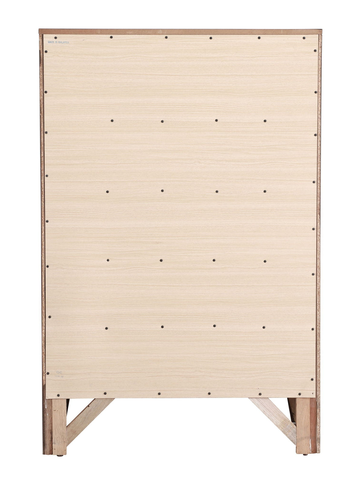 Accent Chest back view in light natural wood with brown trim and crisscross legs on Tampa Home & Garden Store