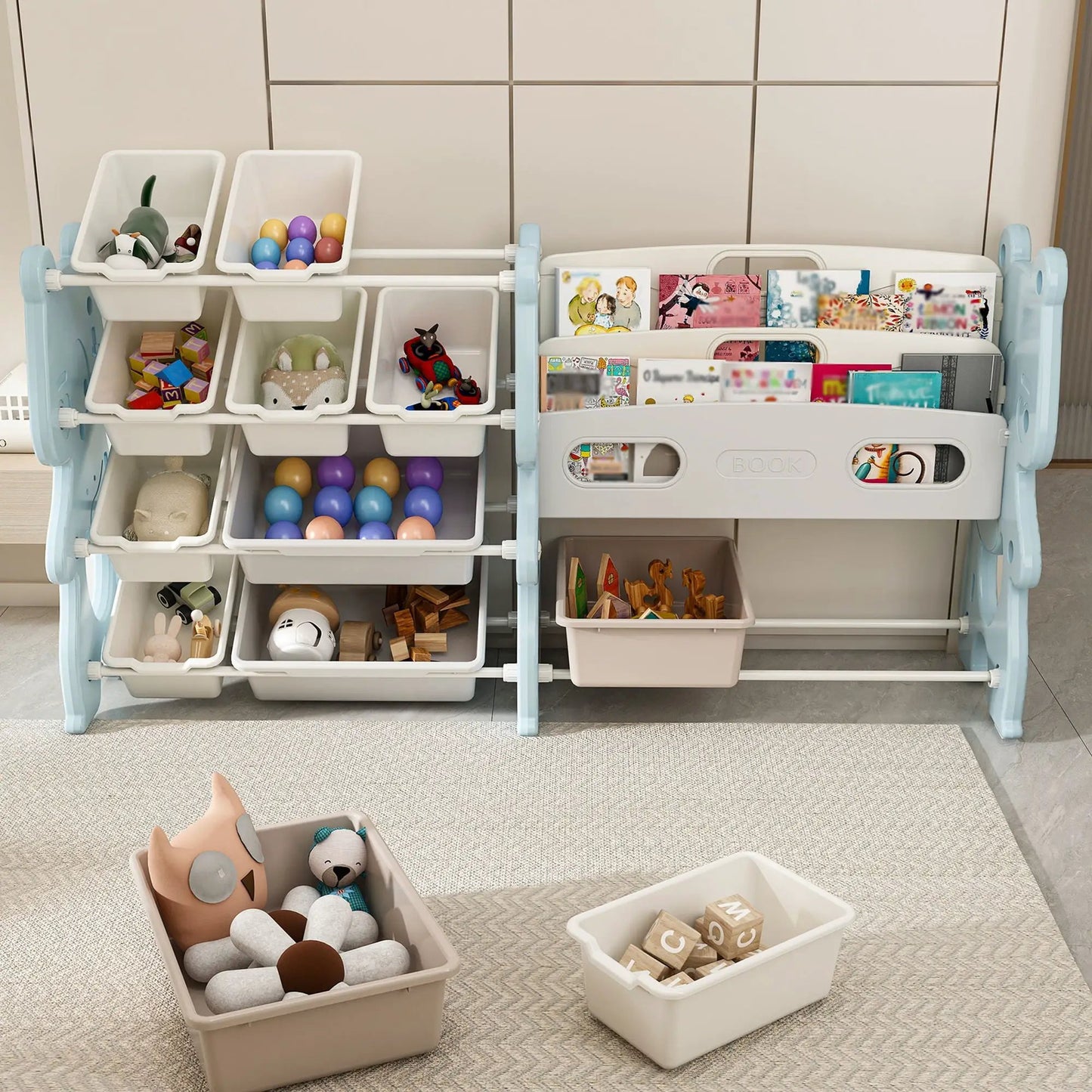 Kids Toy Storage Organizer with 2 Tier Bookshelf