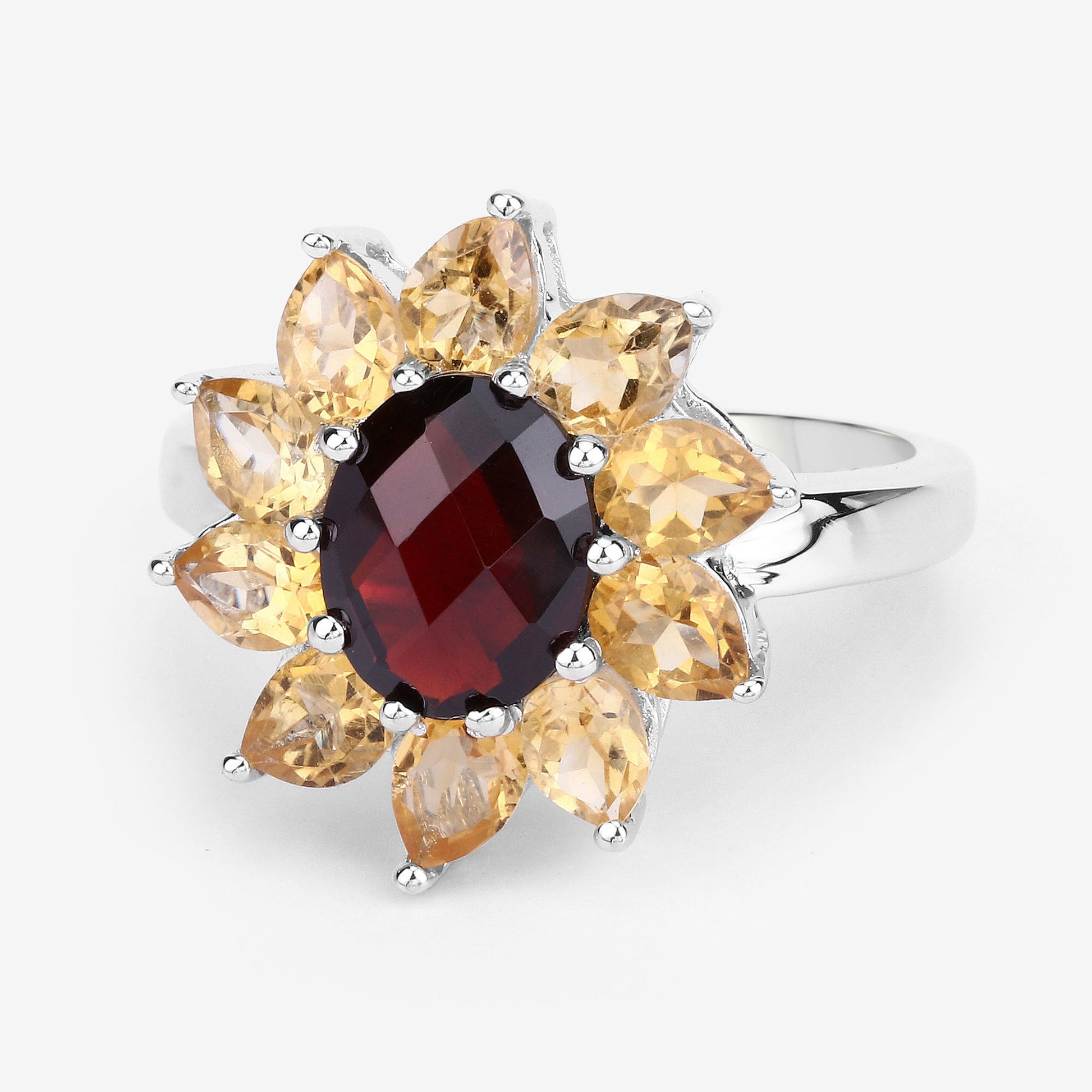 Ring with 5.50ct garnet centerpiece and champagne citrine in sterling silver setting on Tampa Home & Garden Store
