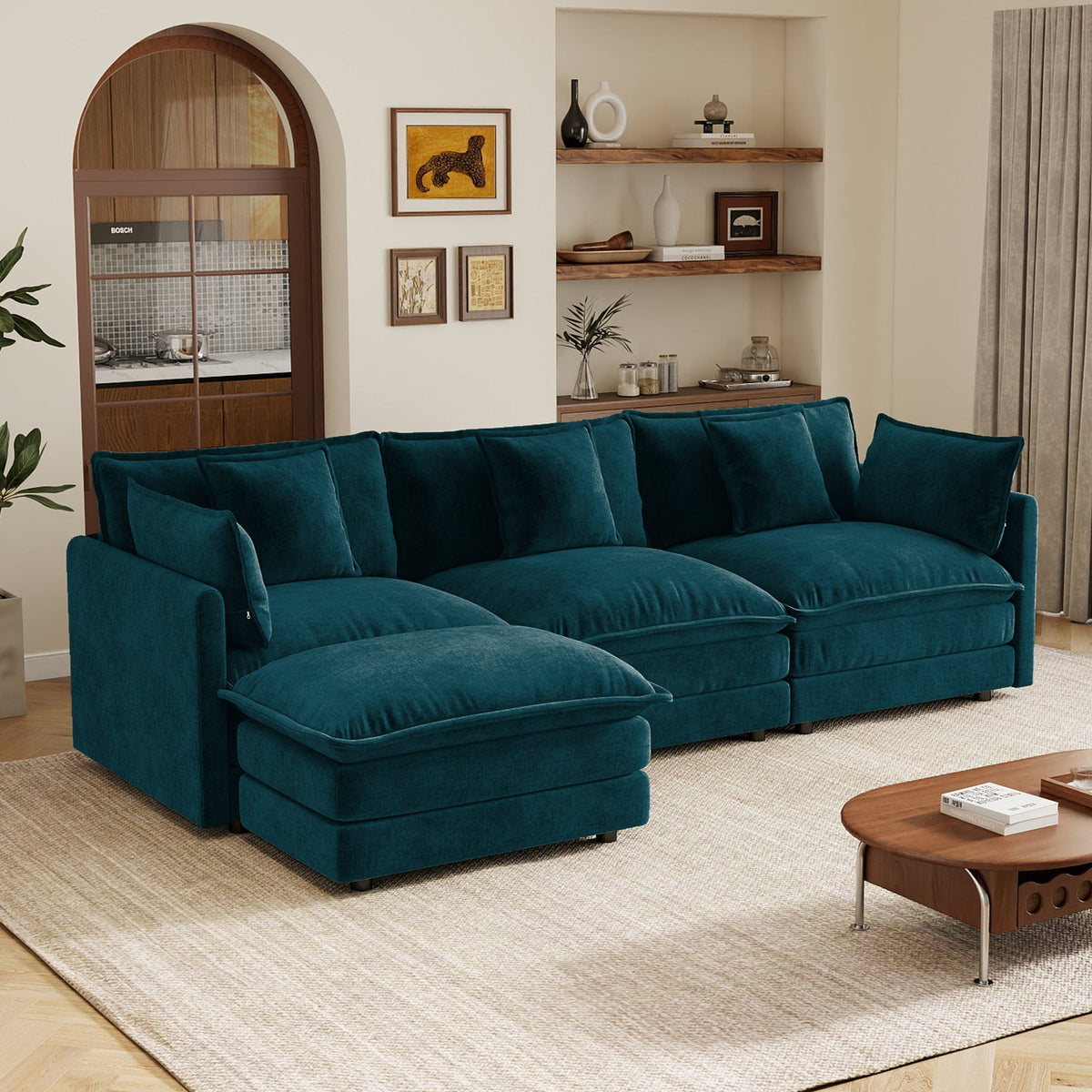 Oversize Chenille Fabric Sofa and Ottoman