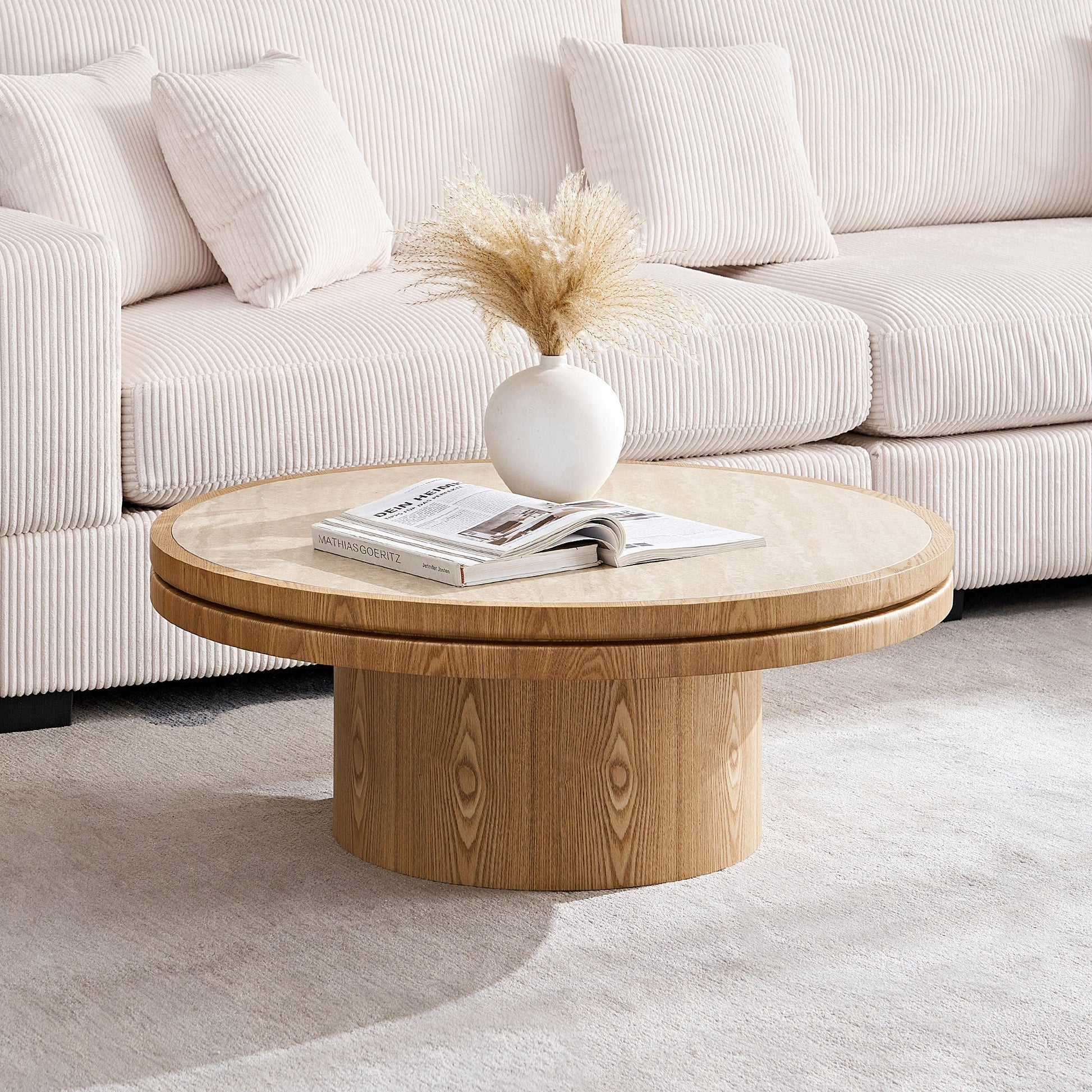 35.43-inch round coffee table with sintered stone top and light wood base in a beige living room on Tampa Home & Garden Store