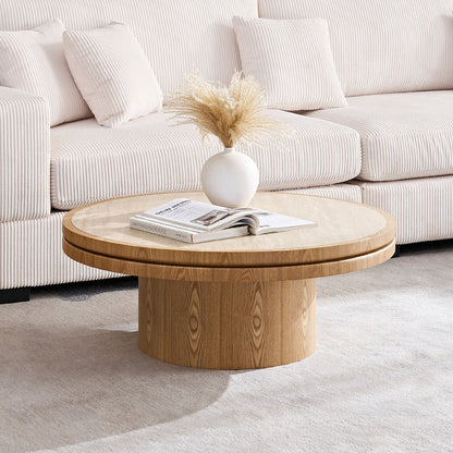 35.43-inch round coffee table with sintered stone top and light wood base in a beige living room on Tampa Home & Garden Store