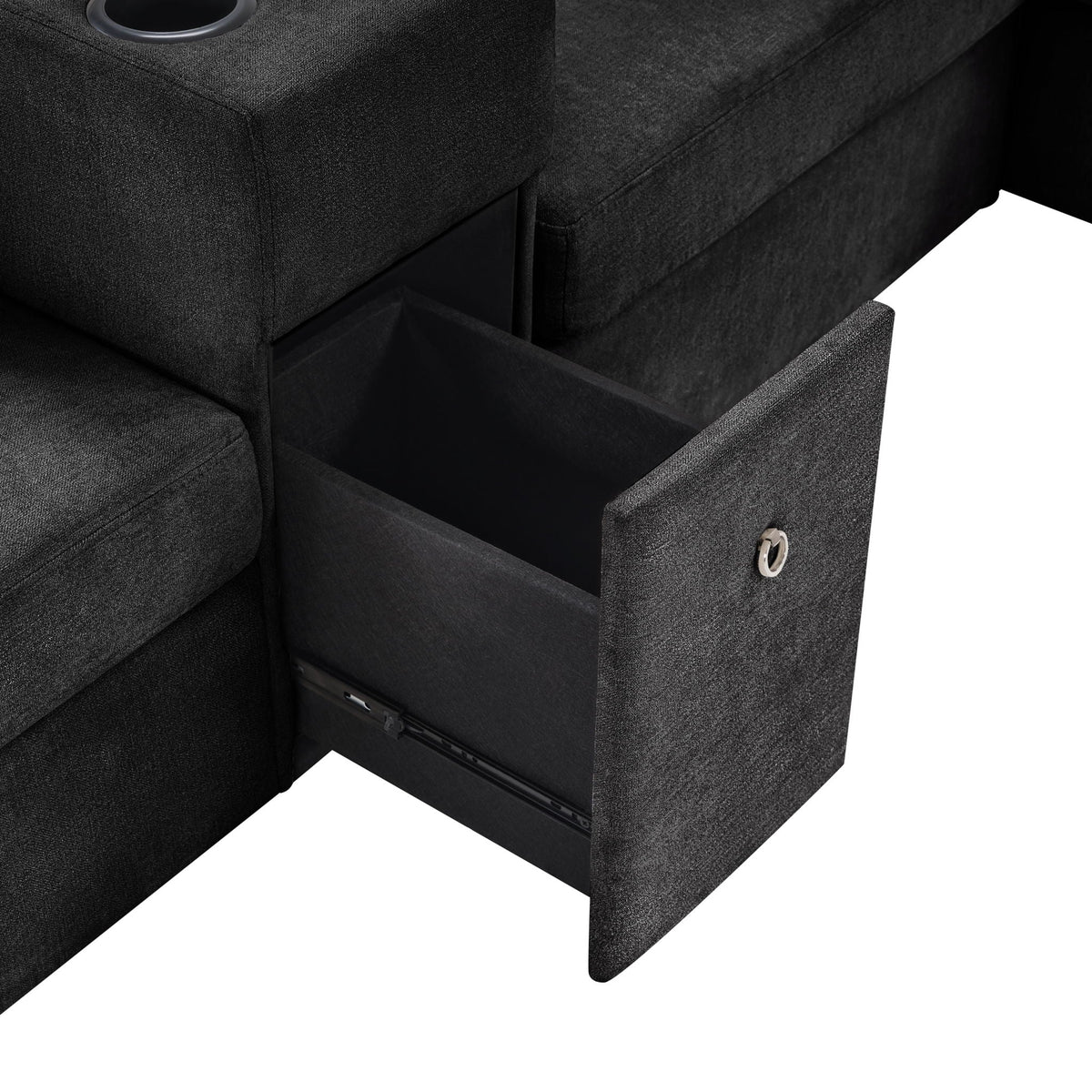 Modular 5-seat Ushape sectional sofa in dark fabric with cup holders and storage drawer on Tampa Home & Garden Store