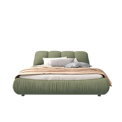 Olive green upholstered platform bed with oversized padded backrest and solid wood frame on Tampa Home & Garden Store