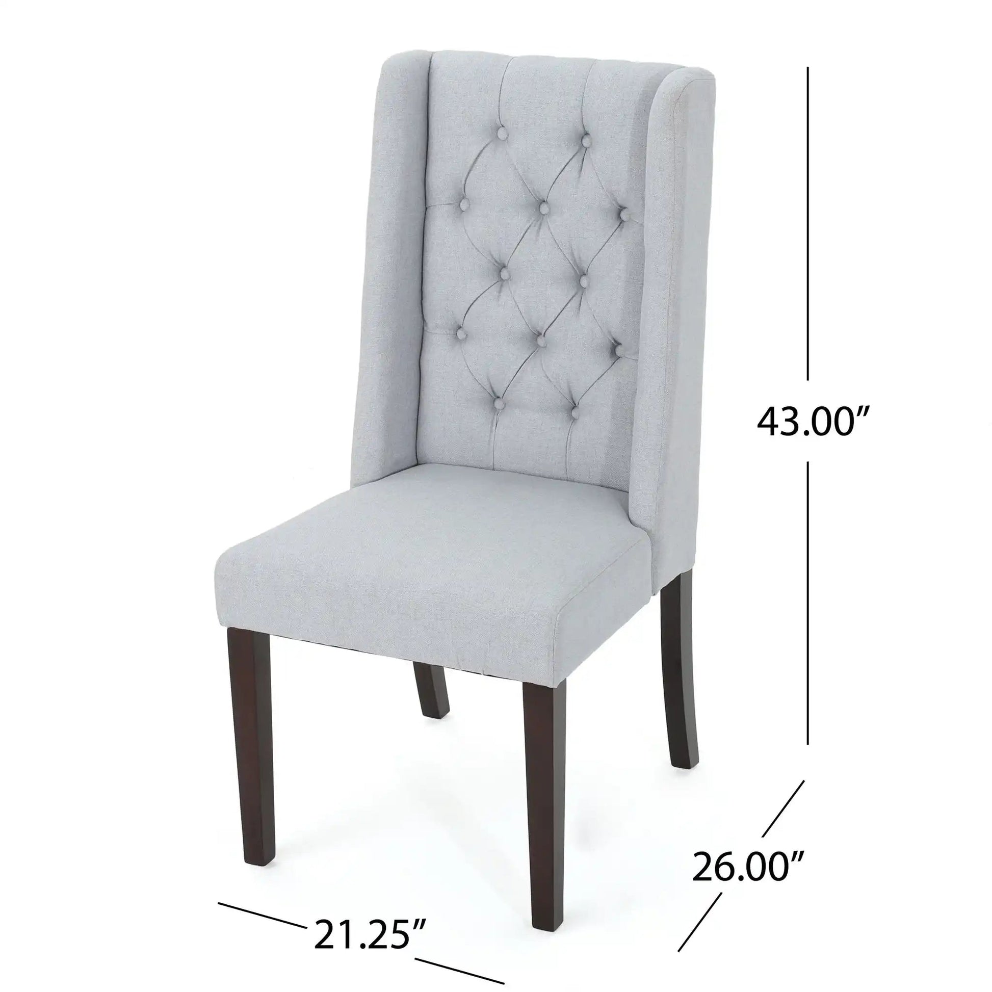 Sophisticated tufted high-back dining chair in light gray fabric with dark wood legs on Tampa Home & Garden Store