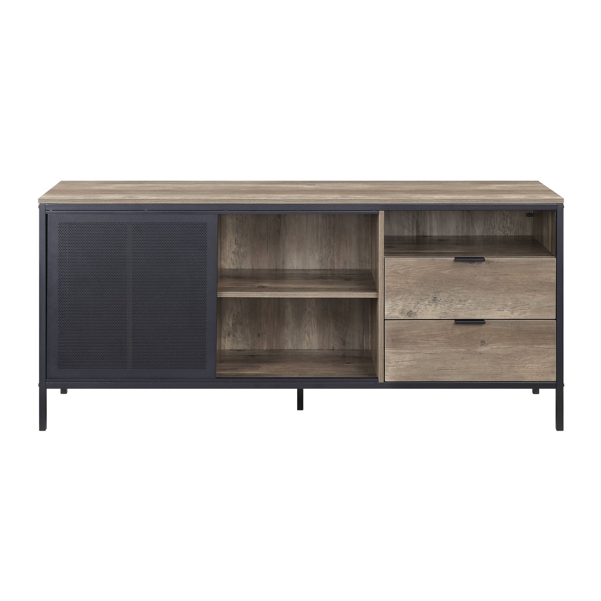 Nantan Rustic TV Stand by HouseOfZazla, metal frame with oak veneer shelves and 2 drawers on Tampa Home & Garden Store