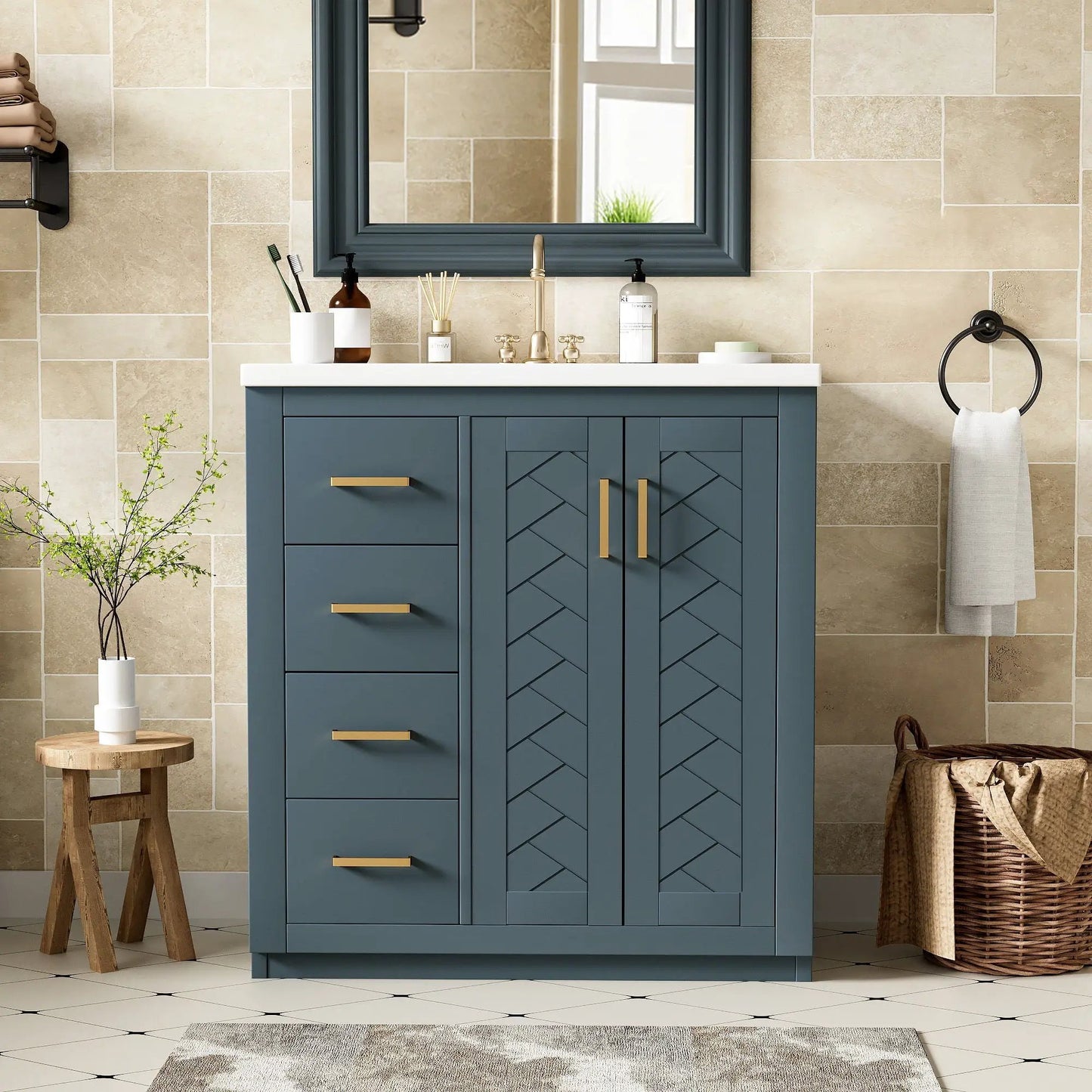 Blue freestanding vanity with ceramic sink, 3 drawers and soft-close doors, brass handles on Tampa Home & Garden Store