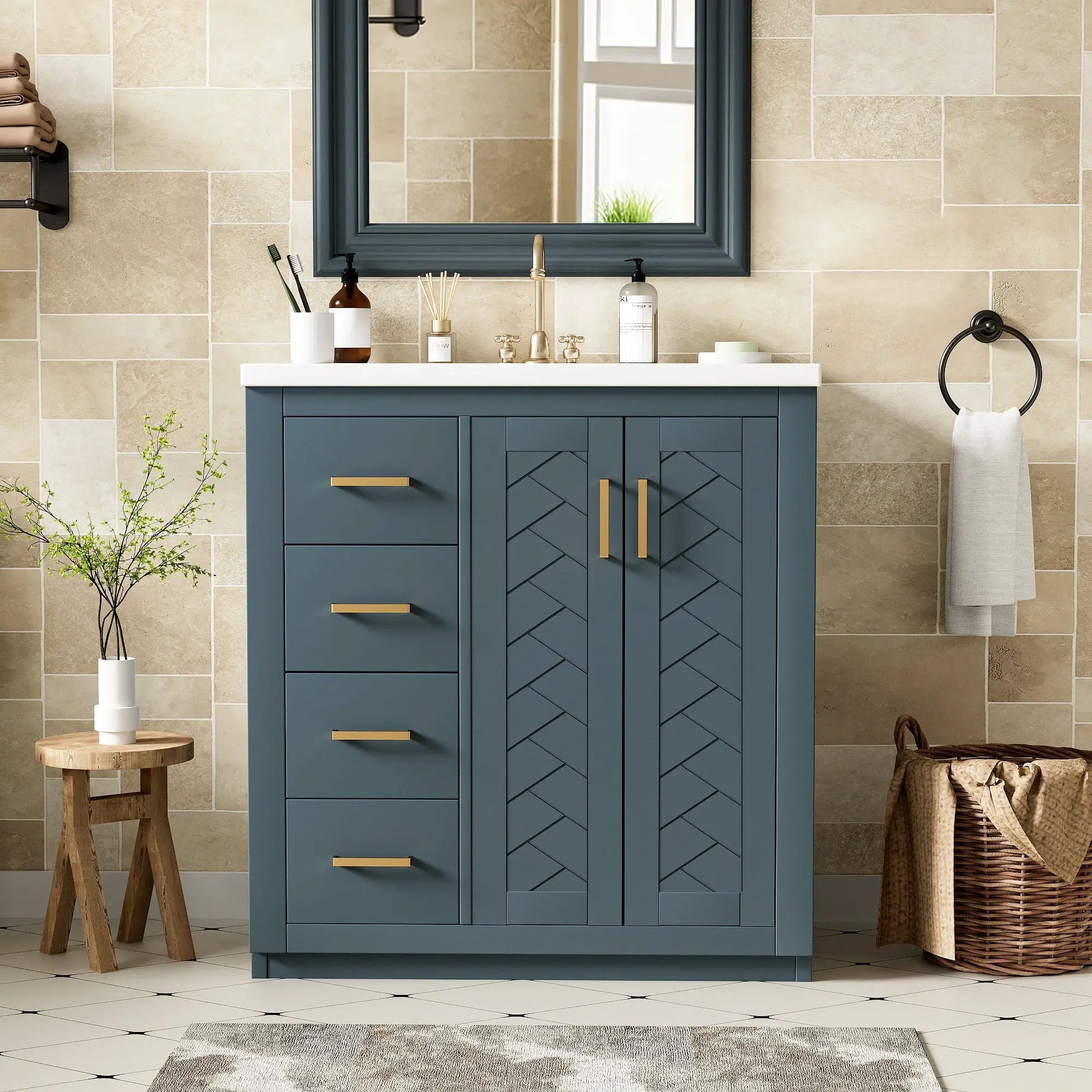 Blue freestanding vanity with ceramic sink, 3 drawers and soft-close doors, brass handles on Tampa Home & Garden Store