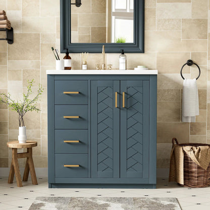 Blue freestanding vanity with ceramic sink, 3 drawers and soft-close doors, brass handles on Tampa Home & Garden Store