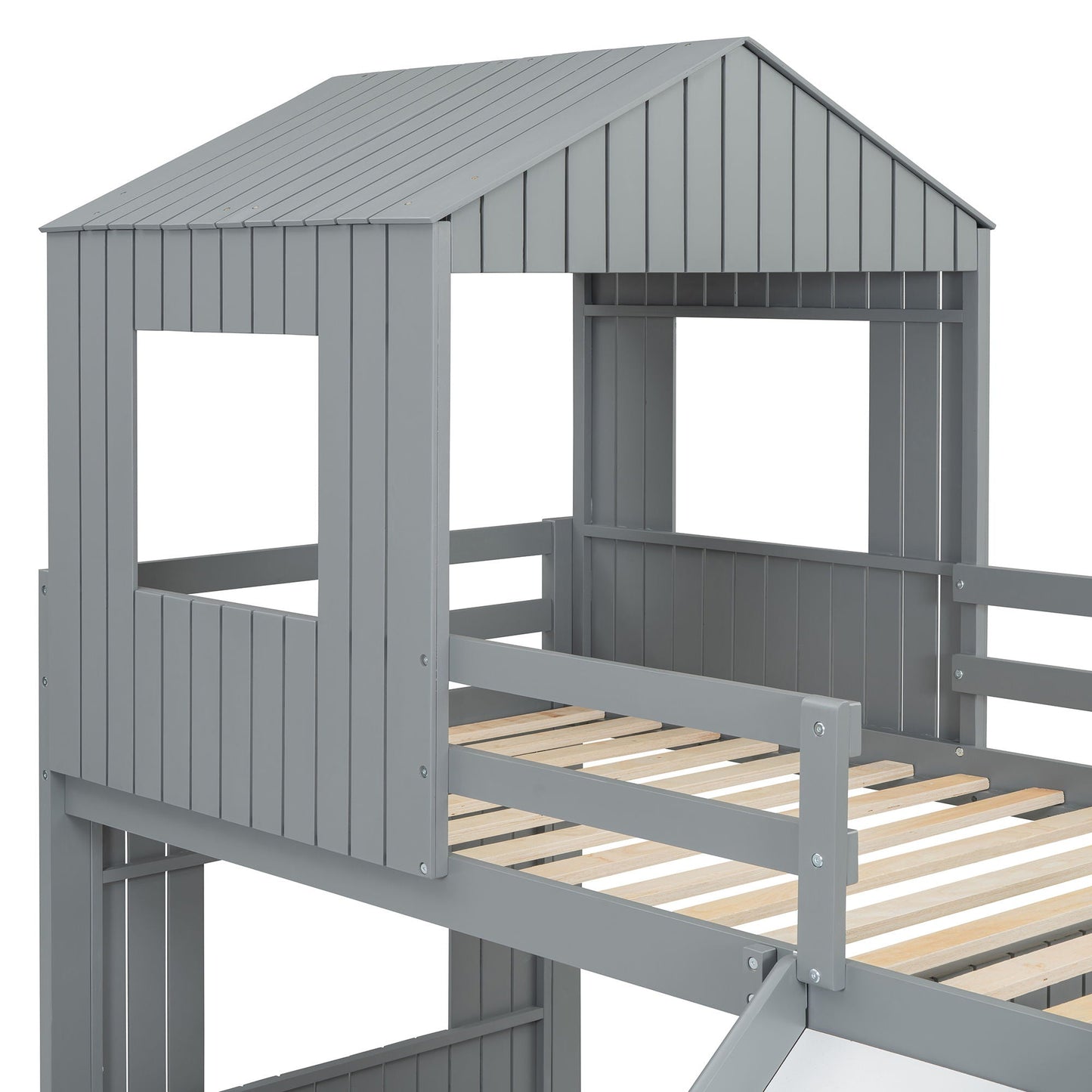 Loft bunk bed with playhouse roof in gray, ladder and guardrails, wooden slat base on Tampa Home & Garden Store