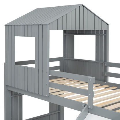Loft bunk bed with playhouse roof in gray, ladder and guardrails, wooden slat base on Tampa Home & Garden Store