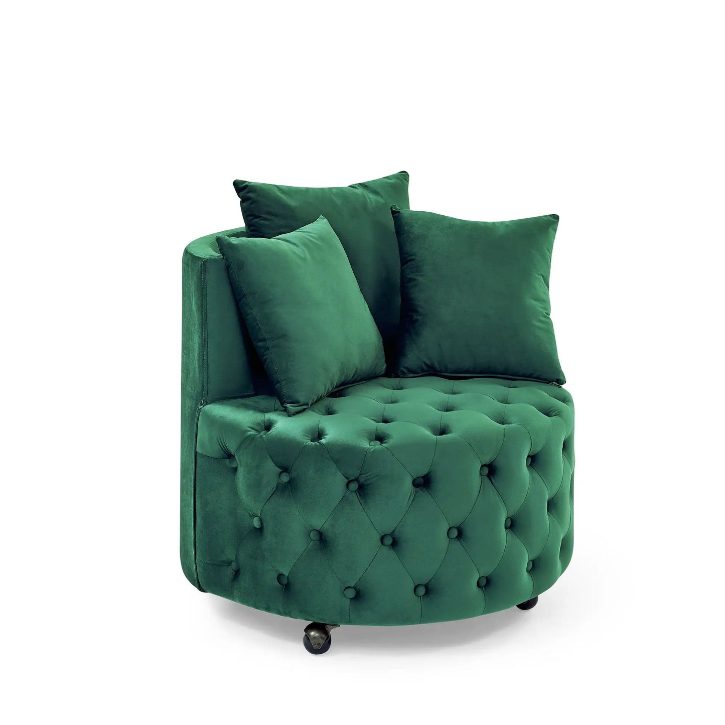 Modern upholstered green velvet tufted swivel chair with caster wheels on Tampa Home & Garden Store