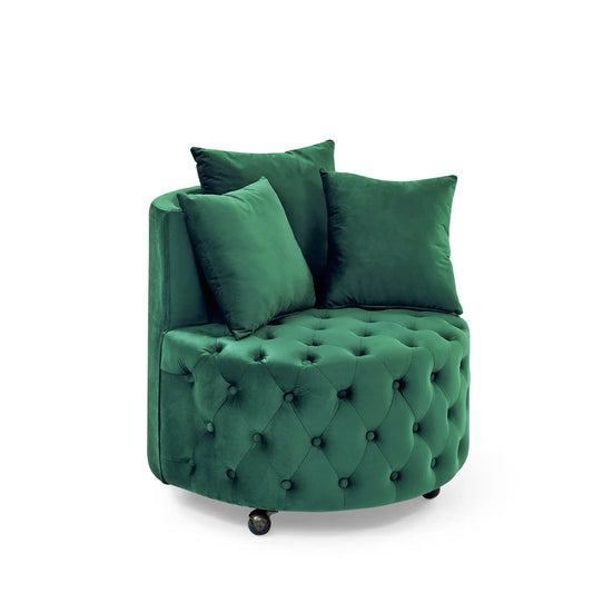 Modern upholstered green velvet tufted swivel chair with caster wheels on Tampa Home & Garden Store