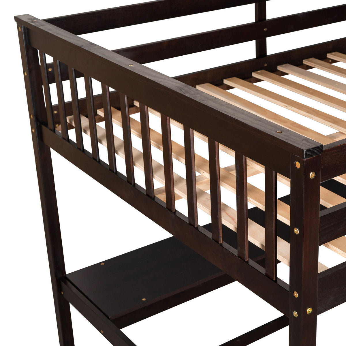 Loft bed with storage shelves and under-bed desk in dark espresso finish on Tampa Home & Garden Store