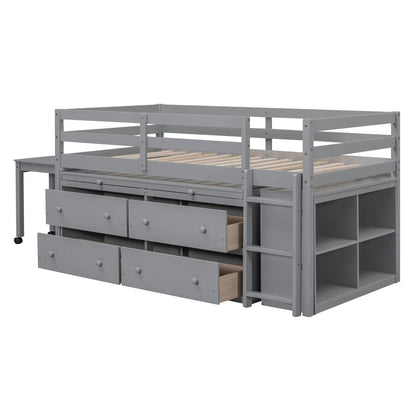 Loft bed gray with four under-bed drawers and side retractable desk and shelves on Tampa Home & Garden Store
