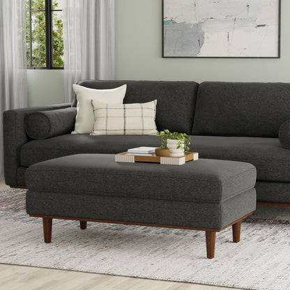 Morrison Handcrafted Ottoman and Feather Cushion dark charcoal upholstery, wooden legs on Tampa Home & Garden Store