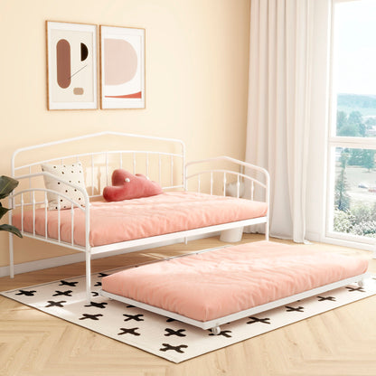 Fox Daybed with Twin Trundle white metal frame, pink mattress in a bright bedroom on Tampa Home & Garden Store