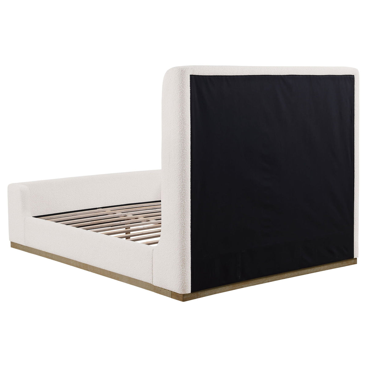 Vindra Queen Sleigh Bed cream upholstered frame with black headboard panel and slatted base on Tampa Home & Garden Store